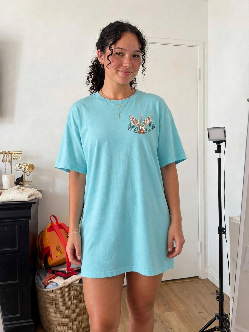 Washed Aqua Graphic Short Sleeve Tee Dress by Nash & Co.